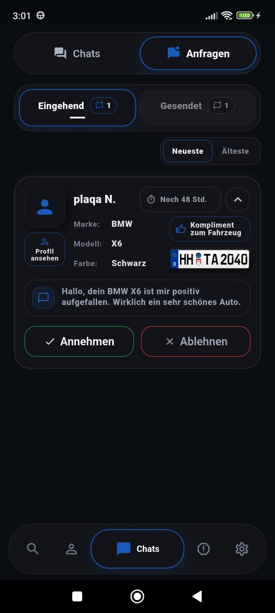 plaqa eingehende Kontaktanfrage mit Annehmen und Ablehnen