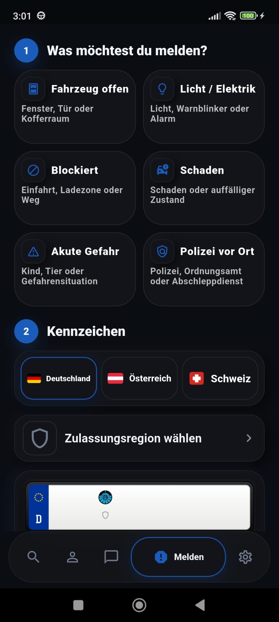 plaqa Melden-Bereich mit anonymen Hinweiskategorien